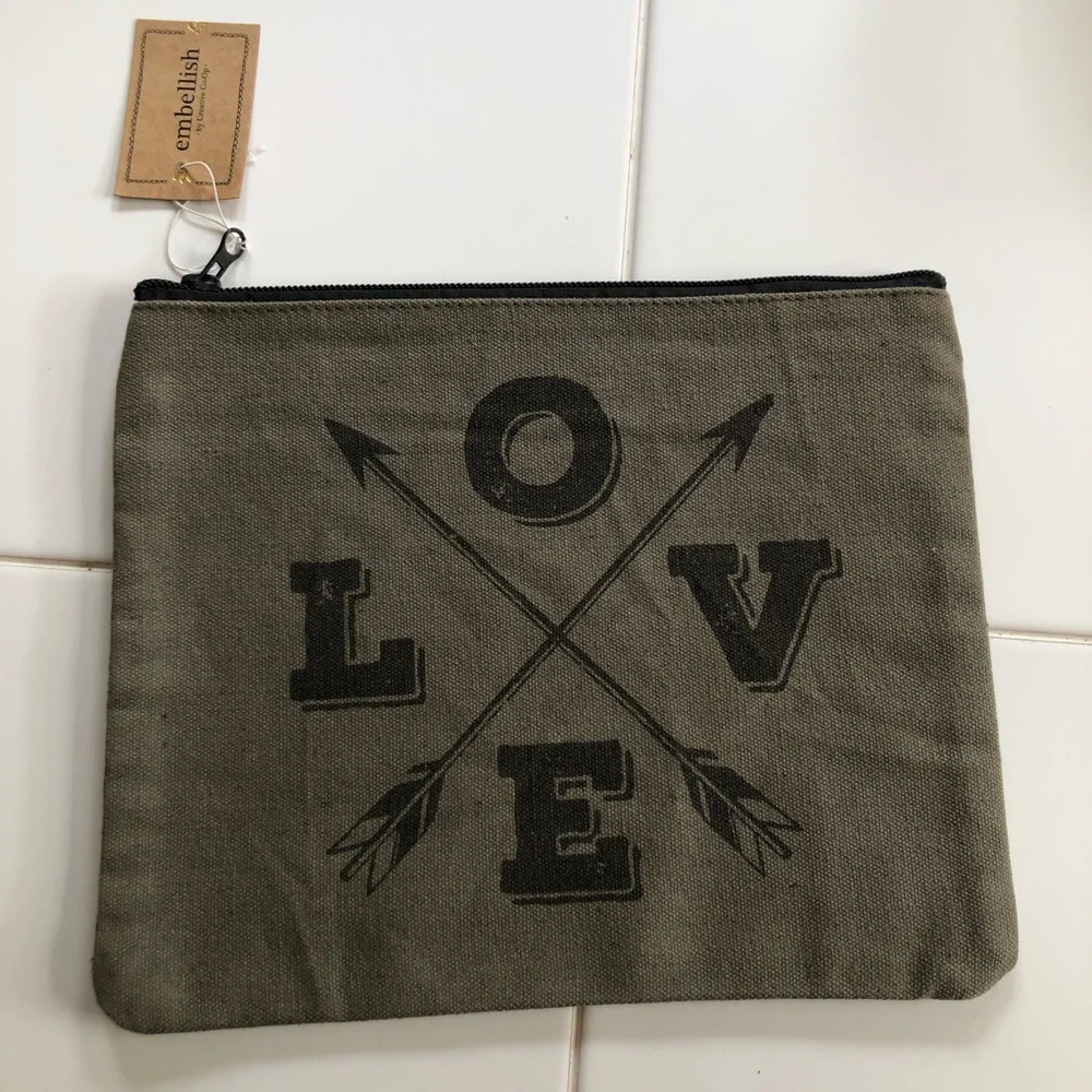 NWT cosmetic pencil pouch with zipper, distressed canvas cotton bag